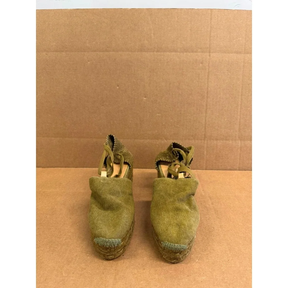 Castañer Canvas Wege Platform Espadrilles Sandals Olive Green Womens Size 37 EU